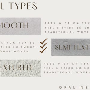 May include: An informational chart titled WALL TYPES displaying three surface categories: SMOOTH, SEMI TEXTURED, and TEXTURED. Each category lists material options including PEEL & STICK TEXILE, PEEL & STICK 3M SMOOTH, and TRADITIONAL WOVEN with checkmarks.
