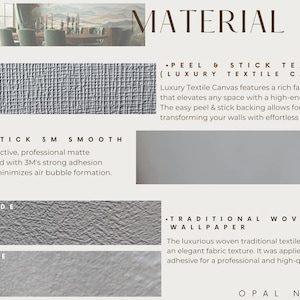 May include: An informational graphic titled MATERIAL displaying three wallpaper types: Peel & Stick Textile with a grid texture, Peel & Stick 3M Smooth with a matte finish, and Traditional Woven Fabric Wallpaper showing front and back sides with text.