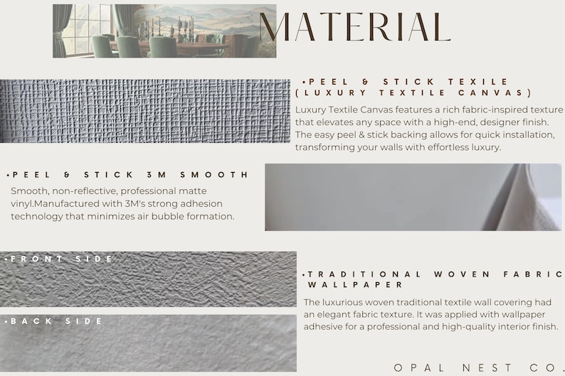 May include: An informational graphic titled MATERIAL displaying three wallpaper types: Peel & Stick Textile with a grid texture, Peel & Stick 3M Smooth with a matte finish, and Traditional Woven Fabric Wallpaper showing front and back sides with text.