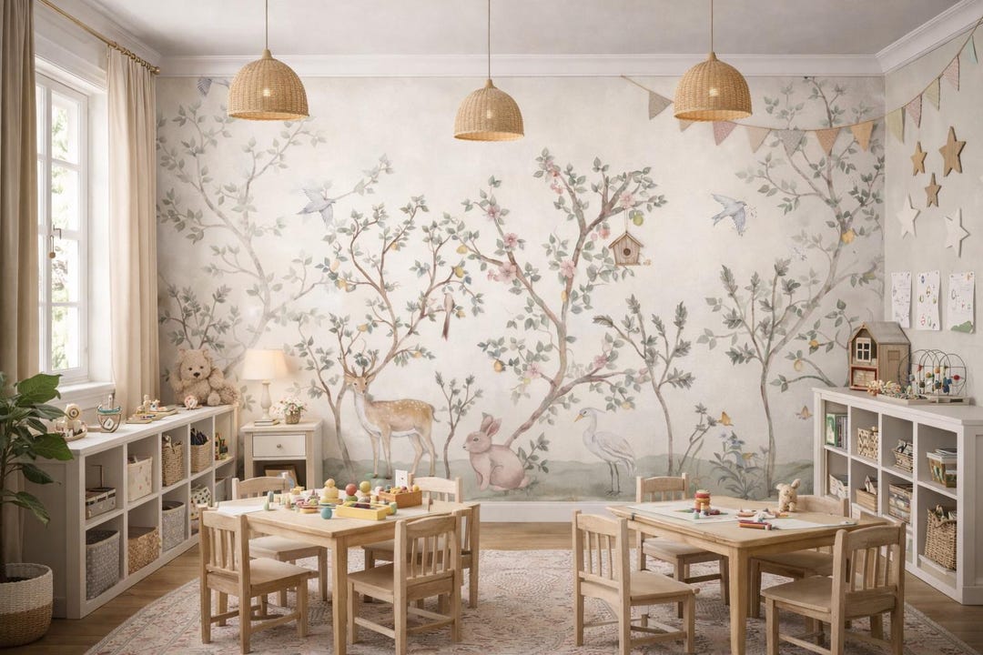 Woodland Nursery Wall Mural Peel and Stick, Forest Animals Kids ...