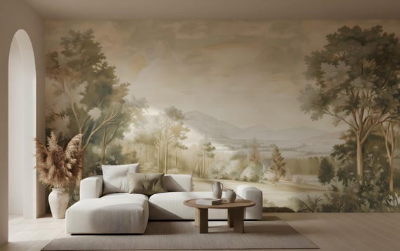 Romantic Pastoral Wall Art, Scenic Countryside Wall Mural, French Landscape Wallpaper, Peel and Stick Canvas or Smooth Wallpaper