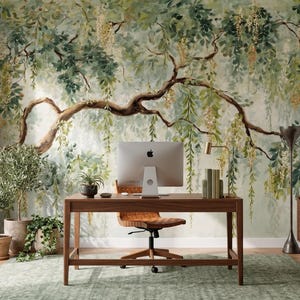 Botanical Tree Wall Mural, Weeping Willow Peel and Stick Wallpaper , Watercolor Forest Mural for Zen Living Room Wall Decor image 4