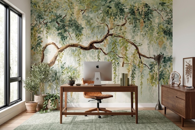 Botanical Tree Wall Mural, Weeping Willow Peel and Stick Wallpaper , Watercolor Forest Mural for Zen Living Room Wall Decor image 4