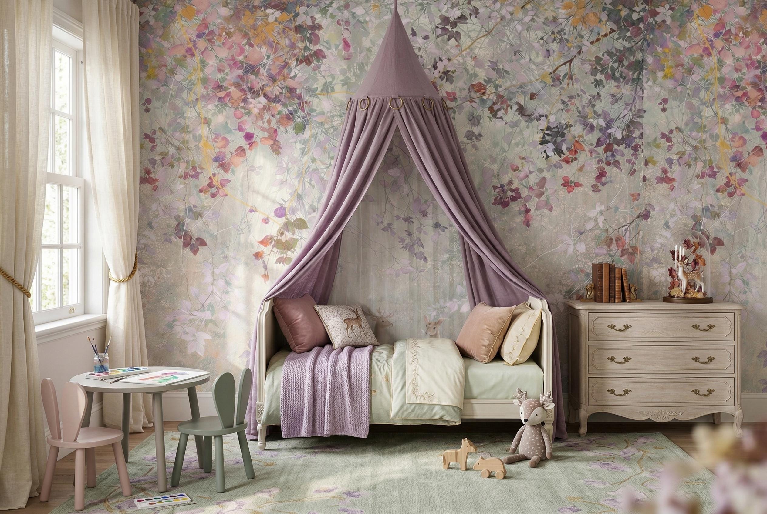 Fairy Forest Nursery Wall Mural Peel and Stick, Floral Woodland Kids ...