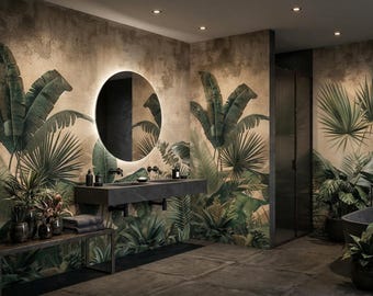 Tropical Bathroom Wallpaper, Botanical Wall Mural, Spa Style Wall Covering Decor