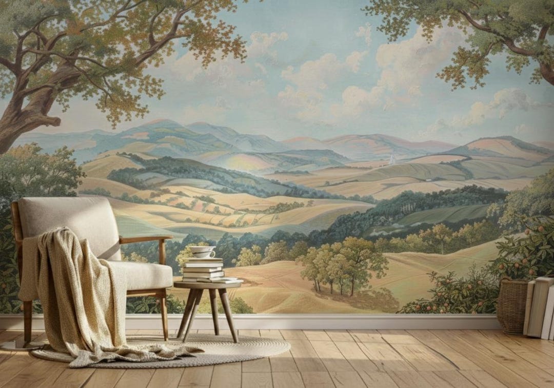 Vintage Landscape Wall Mural, Pastoral Countryside Wallpaper, Scenic ...