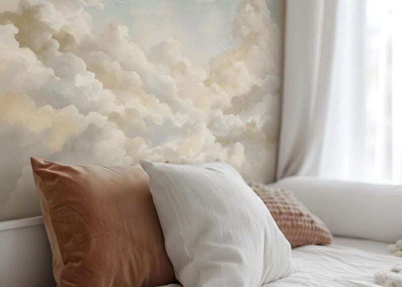 Cloud Wall Mural, Dreamy Sky Wallpaper, Neutral Bedroom Wall Art, Soft ...