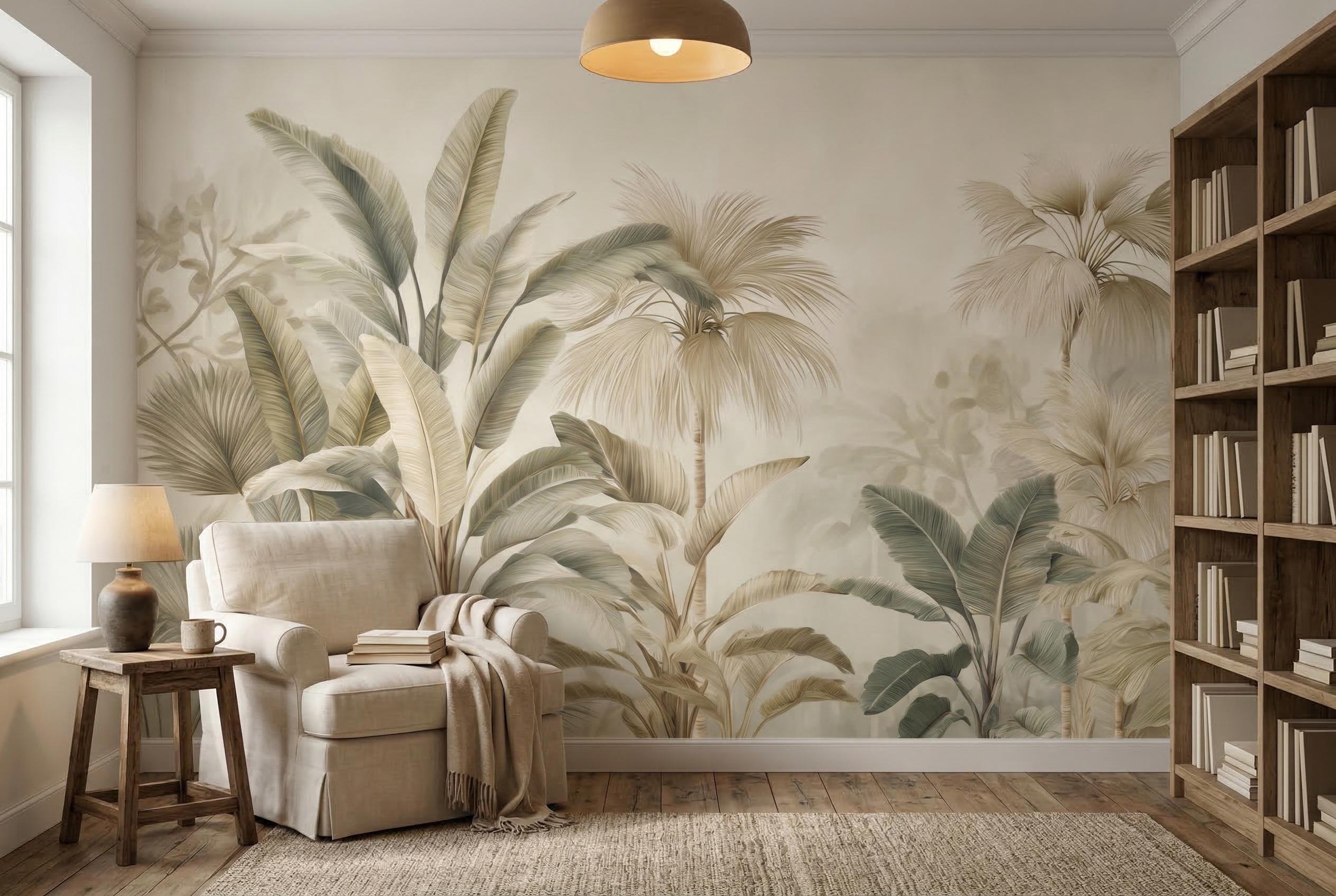Neutral Tropical Peel and Stick Mural, Beige Botanical Palm Leaves ...