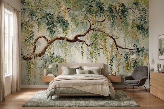 Botanical Tree Wall Mural, Weeping Willow Peel and Stick Wallpaper , Watercolor Forest Mural for Zen Living Room Wall Decor