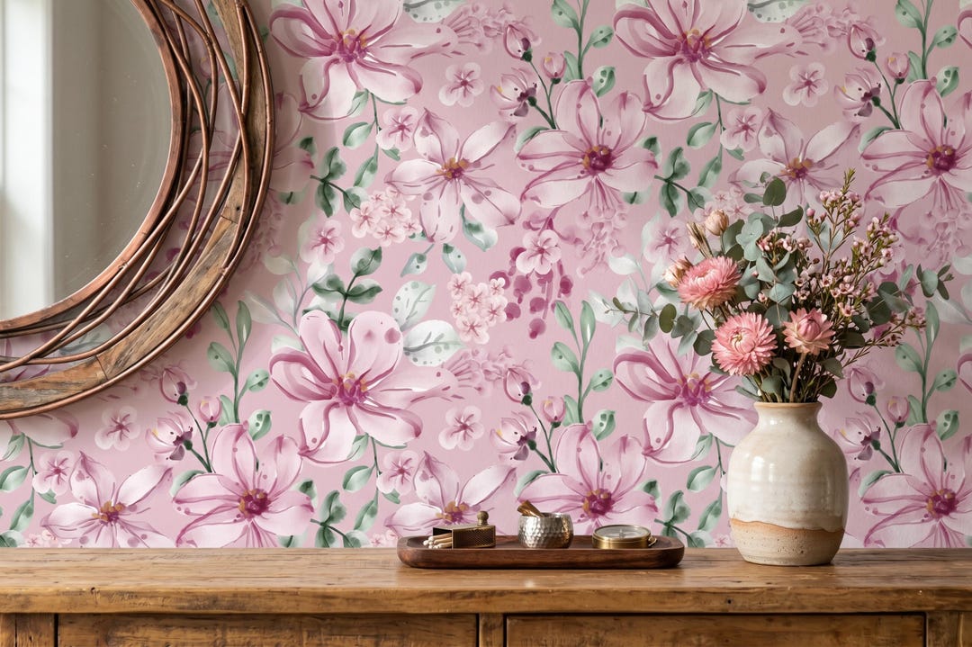 Pink Watercolor Floral Wallpaper, Soft Romantic Wall Decor, Feminine ...