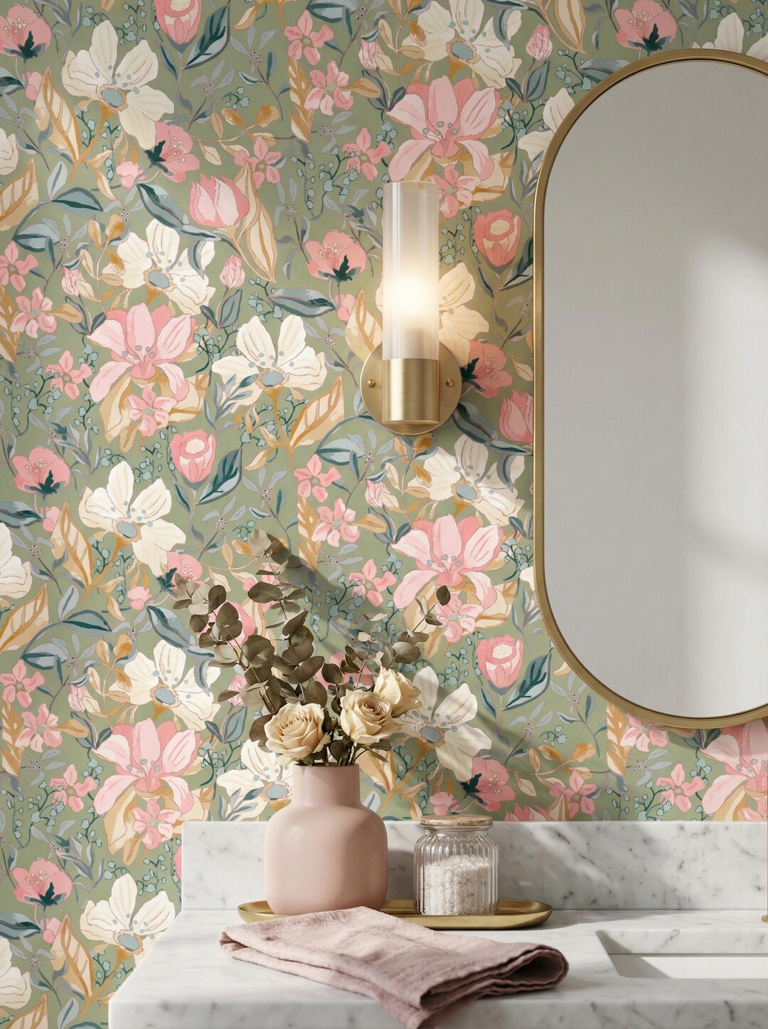 Pastel Floral Wallpaper, Peel and Stick Wall Mural, Romantic Botanical