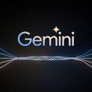 Op de afbeelding: Het woord "Gemini" in lichtblauwe letters met een sterpictogram boven de "i" is gecentreerd op een zwarte achtergrond. Daaronder komen verschillende gebogen lijnen in wit en blauw samen in het midden.