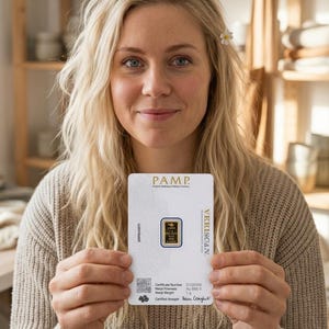 Puede incluir: Una tarjeta de ensayo PAMP Suisse rectangular de color blanco que presenta un peque&ntilde;o lingote de oro de 1g en el centro. La tarjeta muestra el logotipo de PAMP, el texto VERRISCAN, un c&oacute;digo QR y especificaciones impresas que incluyen n&uacute;mero de certificado, pureza Au 999.9 y peso de 1g.