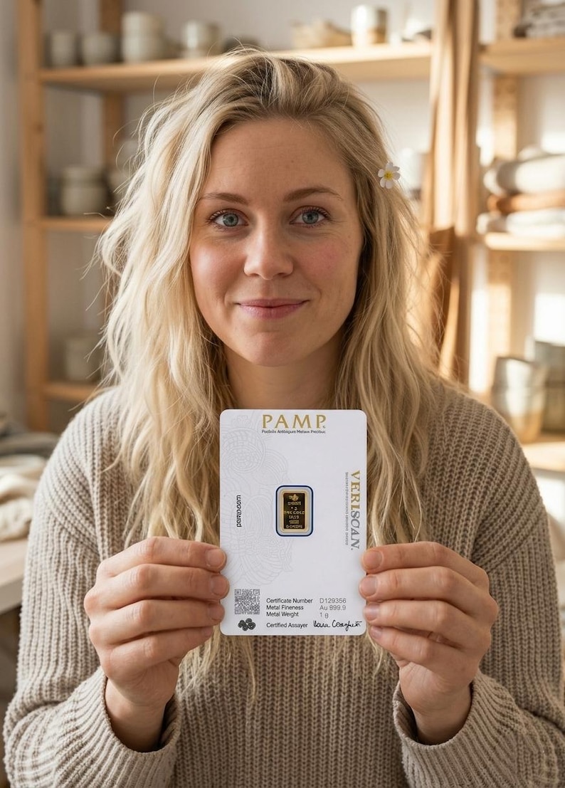 Puede incluir: Una tarjeta de ensayo PAMP Suisse rectangular de color blanco que presenta un peque&ntilde;o lingote de oro de 1g en el centro. La tarjeta muestra el logotipo de PAMP, el texto VERRISCAN, un c&oacute;digo QR y especificaciones impresas que incluyen n&uacute;mero de certificado, pureza Au 999.9 y peso de 1g.