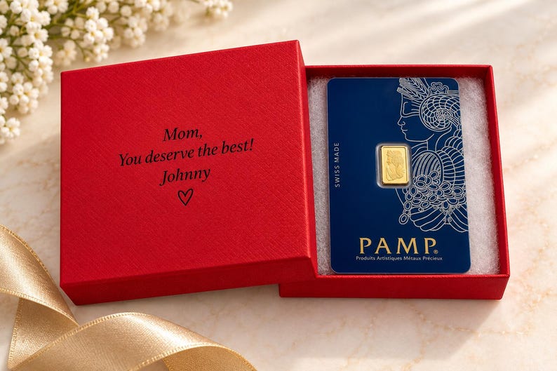 Puede incluir: Una peque&ntilde;a barra de oro en una tarjeta de ensayo azul de PAMP Suisse, presentada dentro de una caja de regalo roja. El interior de la tapa de la caja tiene el texto impreso en negro: Mom, You deserve the best! Johnny, seguido de un coraz&oacute;n.