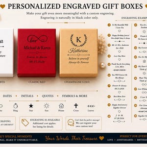 Puede incluir: Tres cajas de regalo rectangulares en blanco, rojo y oro champ&aacute;n, cada una con texto y s&iacute;mbolos negros personalizados. La imagen incluye una lista de treinta ejemplos de grabado numerados, varios iconos y etiquetas de texto.