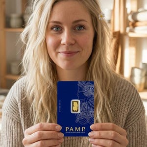 Puede incluir: Una tarjeta de ensayo rectangular azul de PAMP Suisse para lingotes de oro, con un peque&ntilde;o lingote de oro incrustado. La tarjeta muestra un dibujo lineal blanco de una figura, el texto SWISS MADE y el logo PAMP con Produits Artistiques Metaux Precieux.
