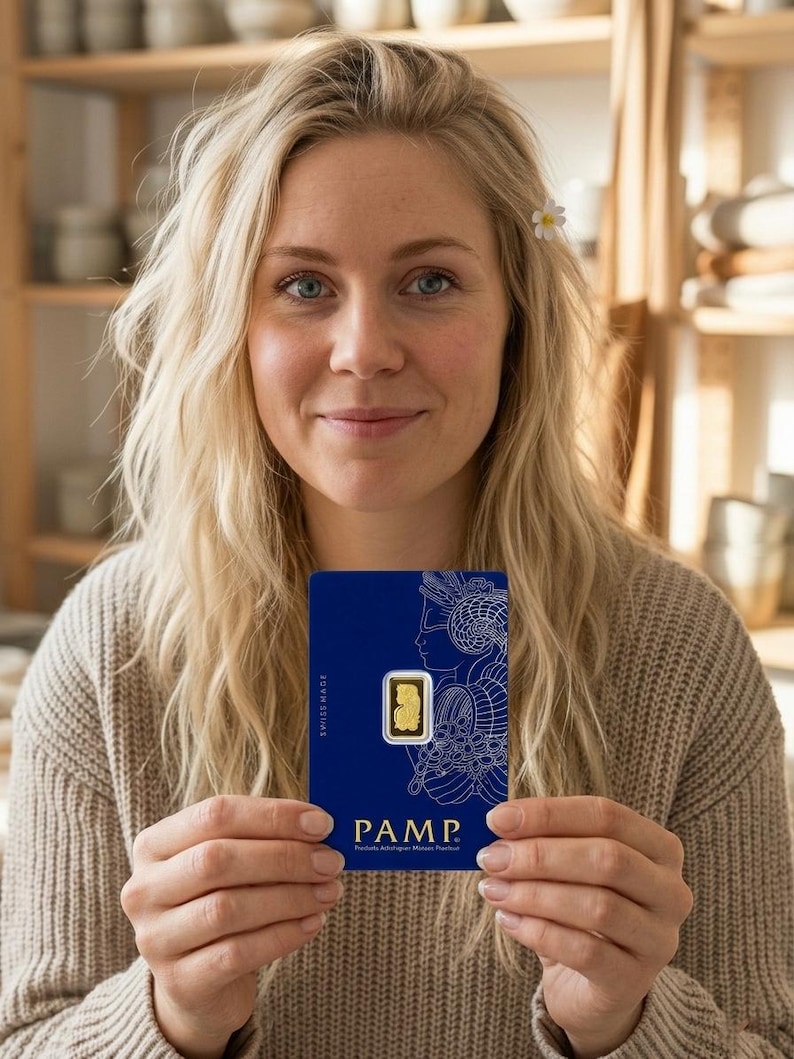Puede incluir: Una tarjeta de ensayo rectangular azul de PAMP Suisse para lingotes de oro, con un peque&ntilde;o lingote de oro incrustado. La tarjeta muestra un dibujo lineal blanco de una figura, el texto SWISS MADE y el logo PAMP con Produits Artistiques Metaux Precieux.