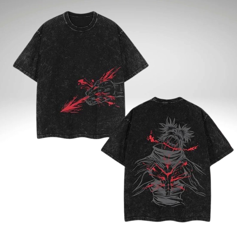 May include: Two black t-shirts with a distressed wash. One shirt features a red and grey graphic of a hand with a red arrow. The other shirt has a red and grey graphic of a character on the back.