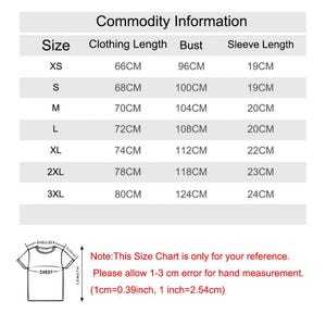 May include: A white chart detailing clothing measurements in centimetres, including size, clothing length, bust, and sleeve length. Sizes range from XS to 3XL. The text at the bottom indicates the chart is for reference and allows for a 1-3 cm error.