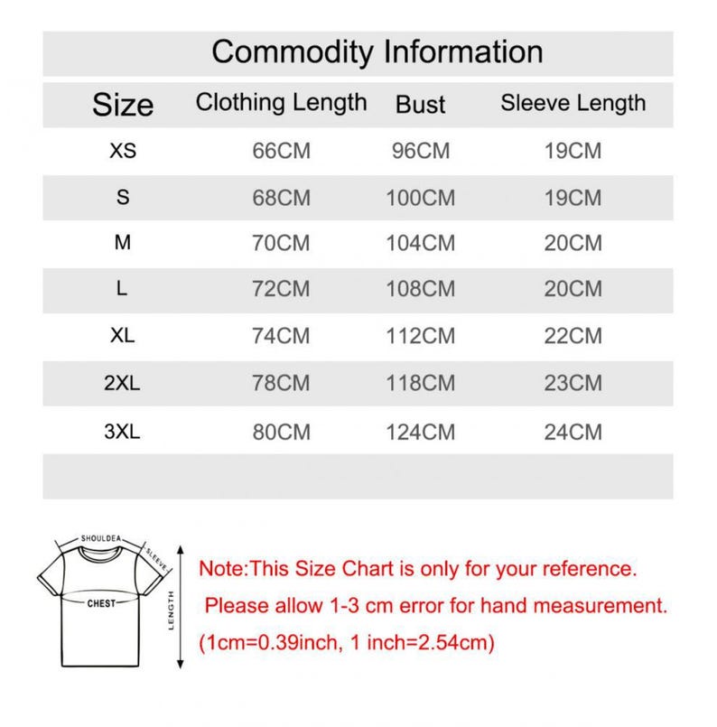 May include: A white chart detailing clothing measurements in centimetres, including size, clothing length, bust, and sleeve length. Sizes range from XS to 3XL. The text at the bottom indicates the chart is for reference and allows for a 1-3 cm error.