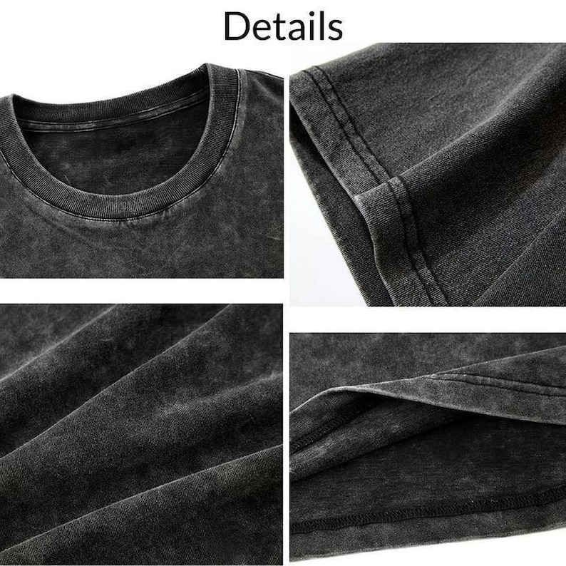 May include: Close-up details of a dark grey t-shirt. The image shows the neckline, sleeve, and hem, highlighting the fabric's texture and stitching. The word "Details" is at the top of the image.