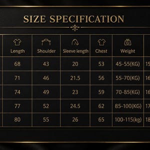 May include: A black and gold graphic with the text "SIZE SPECIFICATION" at the top. The chart details measurements for clothing sizes S to XXL, including length, shoulder, sleeve length, chest, weight in kilograms, and height in centimeters.