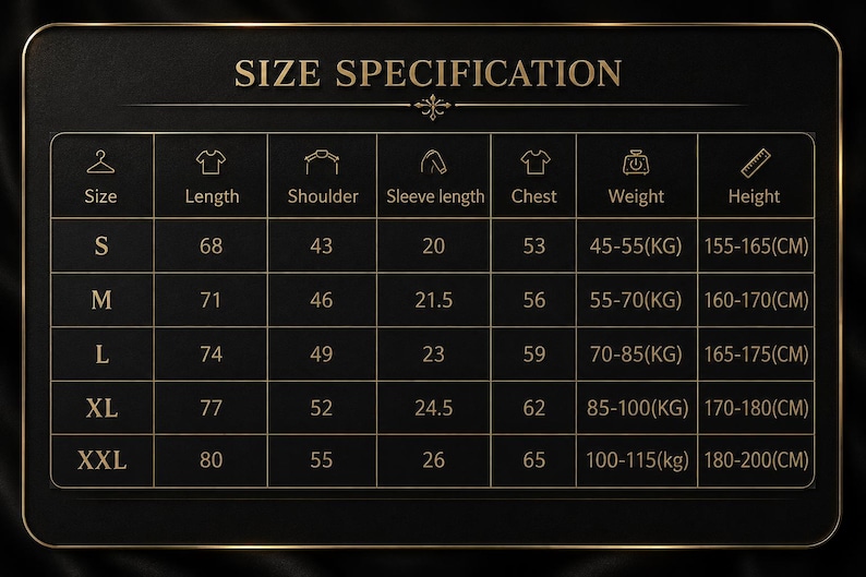 May include: A black and gold graphic with the text "SIZE SPECIFICATION" at the top. The chart details measurements for clothing sizes S to XXL, including length, shoulder, sleeve length, chest, weight in kilograms, and height in centimeters.
