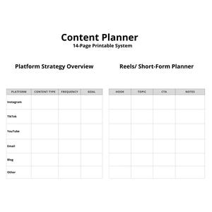 May include: A white printable content planner with the title "Content Planner" and the subtitle "14-Page Printable System." It includes sections for platform strategy overview and reels/short-form planning, with tables for various social media platforms.