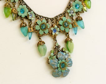 Orly Zeelon Tasseled Floral Necklace - in blue greens