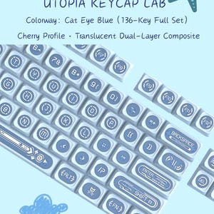 May include: A 136-key full set of translucent dual-layer composite keycaps in a Cat Eye Blue colourway with a Cherry profile. The set features blue and white keys with various symbols and text including UTOPIA KEYCAP LAB, BACKSPACE, and SHIFT.