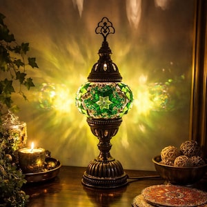 M1 / Turkish Mosaic Table Lamp – Handmade Glass Night Light – Moroccan Oriental Boho Home Decor – Unique Gift / Free Gift 5 Mandala Plates