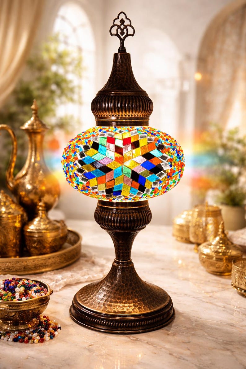Lámpara de mesa de mosaico turco K3 – Luz de noche de cristal hecha a mano – Decoración bohemia oriental marroquí – Regalo único / 5 platos de mandala de regalo