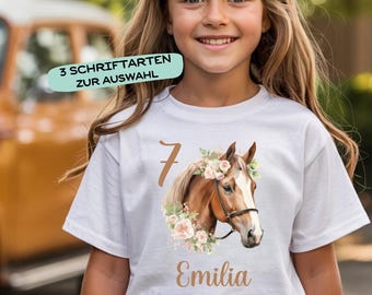 Horse-themed birthday shirt for girls, personalized t-shirt with name & age, horse-themed birthday, 4, 5, 6, 7, 8, 9, 10. Pony birthday