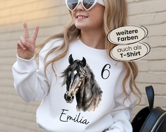 Geburtstagsshirt mit Pferdemotiv für Mädchen, personalisiertes Shirt mit Name & Alter, 5 6 7 8 9 10 11. Pferde Geburtstag, schwarzes Pferd