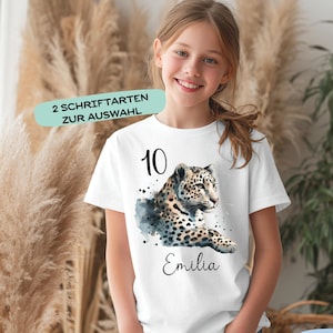 Personalisiertes Kinder Geburtstagsshirt Leopard, Geburtstags T-Shirt mit Name & Alter, Mädchen Outfit 5 6 7 8 9 10 11 Geburtstag Tier-Motiv