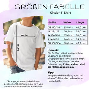 May include: A white t-shirt size chart for children labeled GR&Ouml;BENTABELLE Kinder T-Shirt. The chart lists sizes XS through XL with corresponding width and length measurements in centimeters. A diagram shows how to measure width and length on a t-shirt.