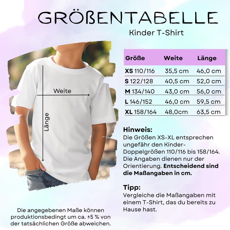May include: A white t-shirt size chart for children labeled GR&Ouml;BENTABELLE Kinder T-Shirt. The chart lists sizes XS through XL with corresponding width and length measurements in centimeters. A diagram shows how to measure width and length on a t-shirt.