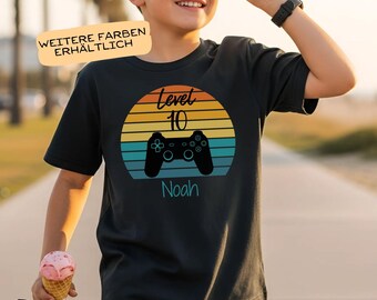 Camiseta de cumpleaños para niños con temática de videojuegos, camiseta personalizada para gamers con nombre y número, mando de juego al atardecer, Level Up, 6 7 8 9 10 11 12 13º cumpleaños
