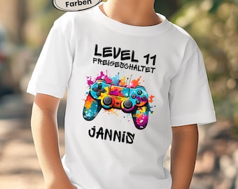 Camiseta de cumpleaños para niños con temática de videojuegos, camiseta personalizada con nombre y número, camiseta gamer con mando, Level Up, 6 7 8 9 10 11 12º cumpleaños