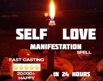 May include: A lit black candle with a bright yellow flame, surrounded by small objects and the text "SELF LOVE MANIFESTATION SPELL". Additional text includes "FAST CASTING", "20,000+ HAPPY CUSTOMERS", and "IN 24 HOURS".