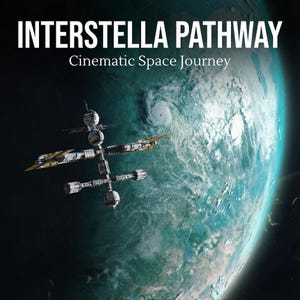 May include: An artistic rendering of a space station in orbit around a teal and blue planet. The image is titled "INTERSTELLA PATHWAY" with the subtitle "Cinematic Space Journey". The space station is detailed with multiple modules and solar panels.