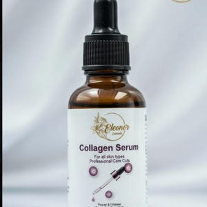 May include: A brown glass bottle of Eleonor Collagen Serum with a black dropper. The label reads "Collagen Serum" and "For all skin types". The bottle contains 28 fl oz.