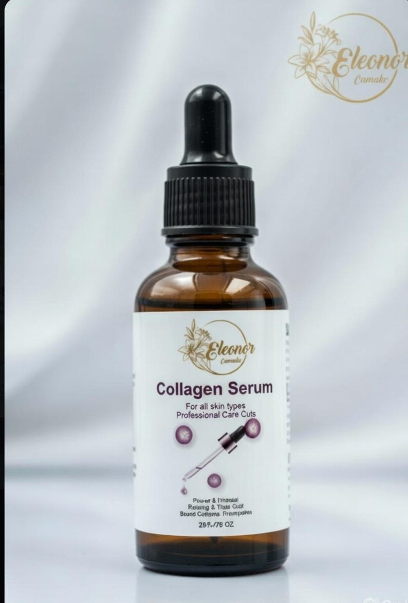 May include: A brown glass bottle of Eleonor Collagen Serum with a black dropper. The label reads "Collagen Serum" and "For all skin types". The bottle contains 28 fl oz.
