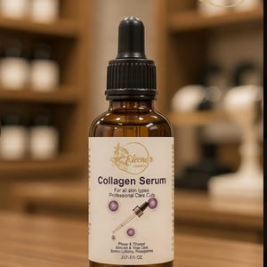 May include: A brown glass bottle of Eleanor Cosmetics Collagen Serum with a black dropper. The label reads "Collagen Serum" and "For all skin types". The bottle contains 1 fl oz of product.