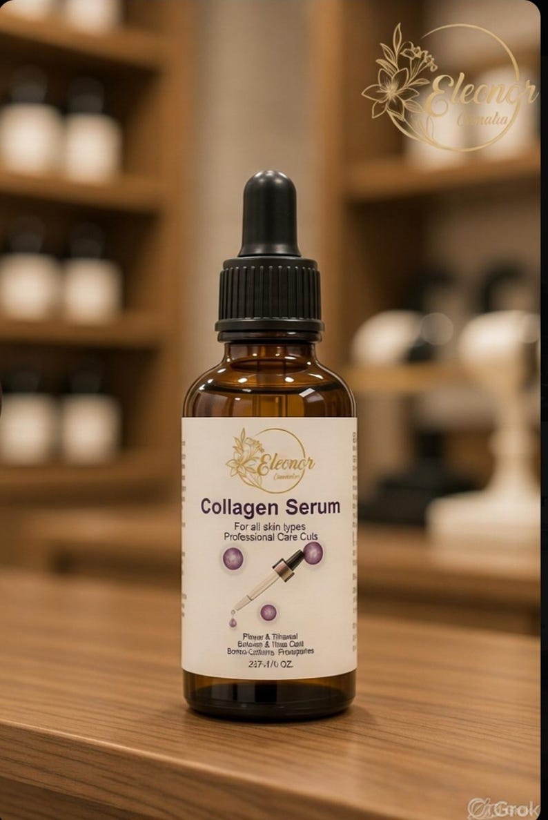 May include: A brown glass bottle of Eleanor Cosmetics Collagen Serum with a black dropper. The label reads "Collagen Serum" and "For all skin types". The bottle contains 1 fl oz of product.