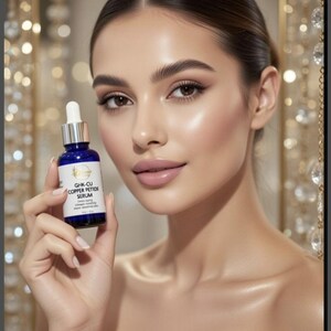 Puede incluir: Un peque&ntilde;o frasco cuentagotas de vidrio azul cobalto etiquetado como GHK-CU COPPER PETIDE SERUM con tapa blanca y pipeta de vidrio transparente. La etiqueta presenta texto negro y un logotipo dorado. El frasco se sostiene en posici&oacute;n vertical.