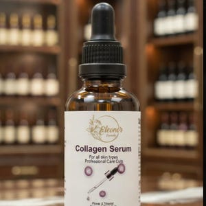 May include: A brown glass bottle of Eleonor Collagen Serum with a black dropper. The label reads "Collagen Serum" and "For all skin types Professional Care Cuts". The bottle contains 285 fl oz.