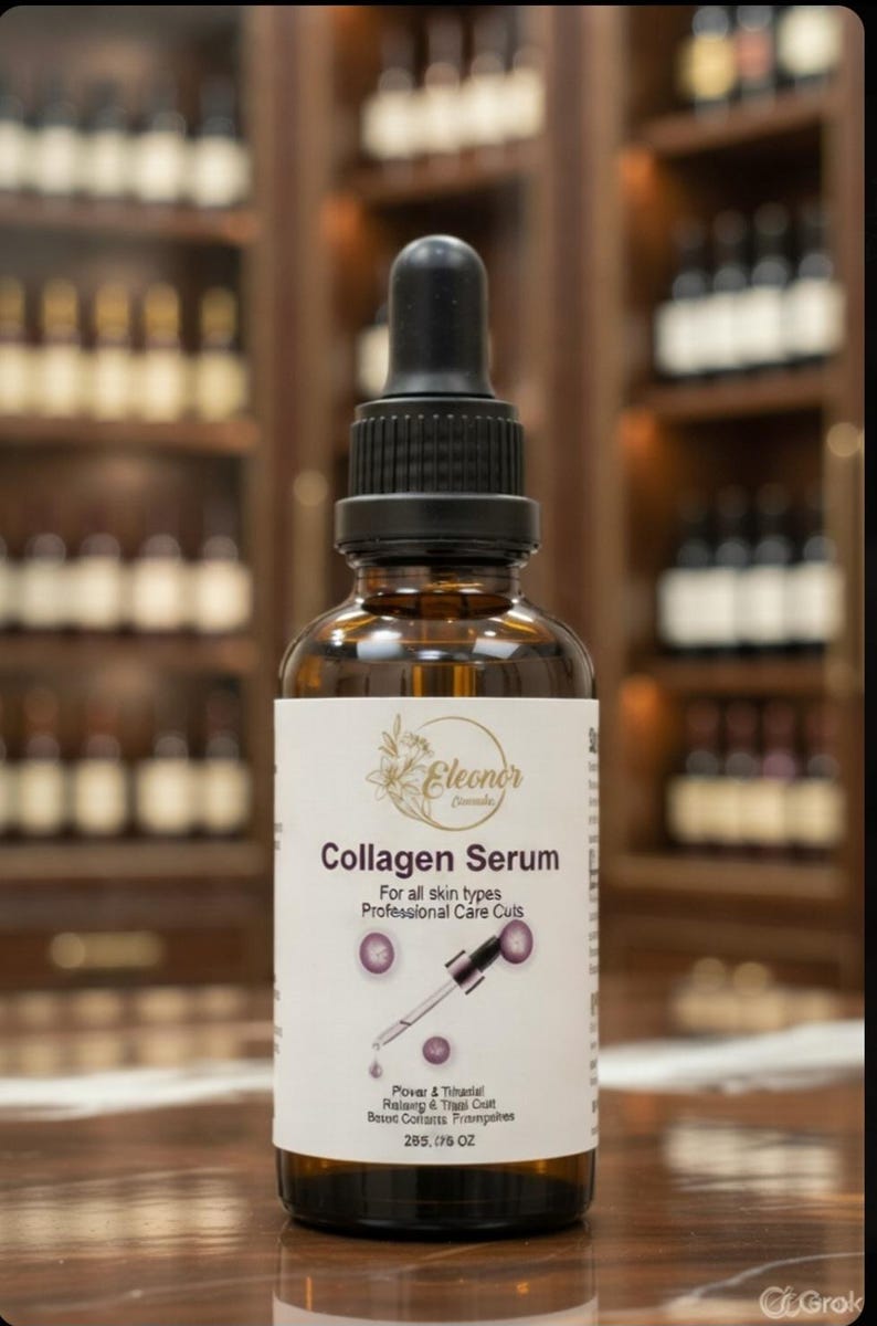 May include: A brown glass bottle of Eleonor Collagen Serum with a black dropper. The label reads "Collagen Serum" and "For all skin types Professional Care Cuts". The bottle contains 285 fl oz.