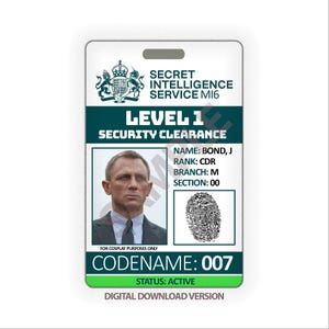 May include: A white and green ID badge with the text "SECRET INTELLIGENCE SERVICE MI6" and "LEVEL 1 SECURITY CLEARANCE." It features a photo of a man, a fingerprint, and the codename "007." The badge is labeled "DIGITAL DOWNLOAD VERSION."